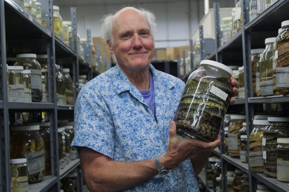 Home man holding a snake in a jar